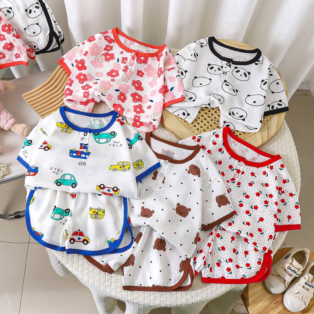 Bộ Đồ Ngủ Tay Ngắn Hai Lớp Bằng Vải Cotton Phong Cách Mới Dành Cho Trẻ Em 80-140CM
