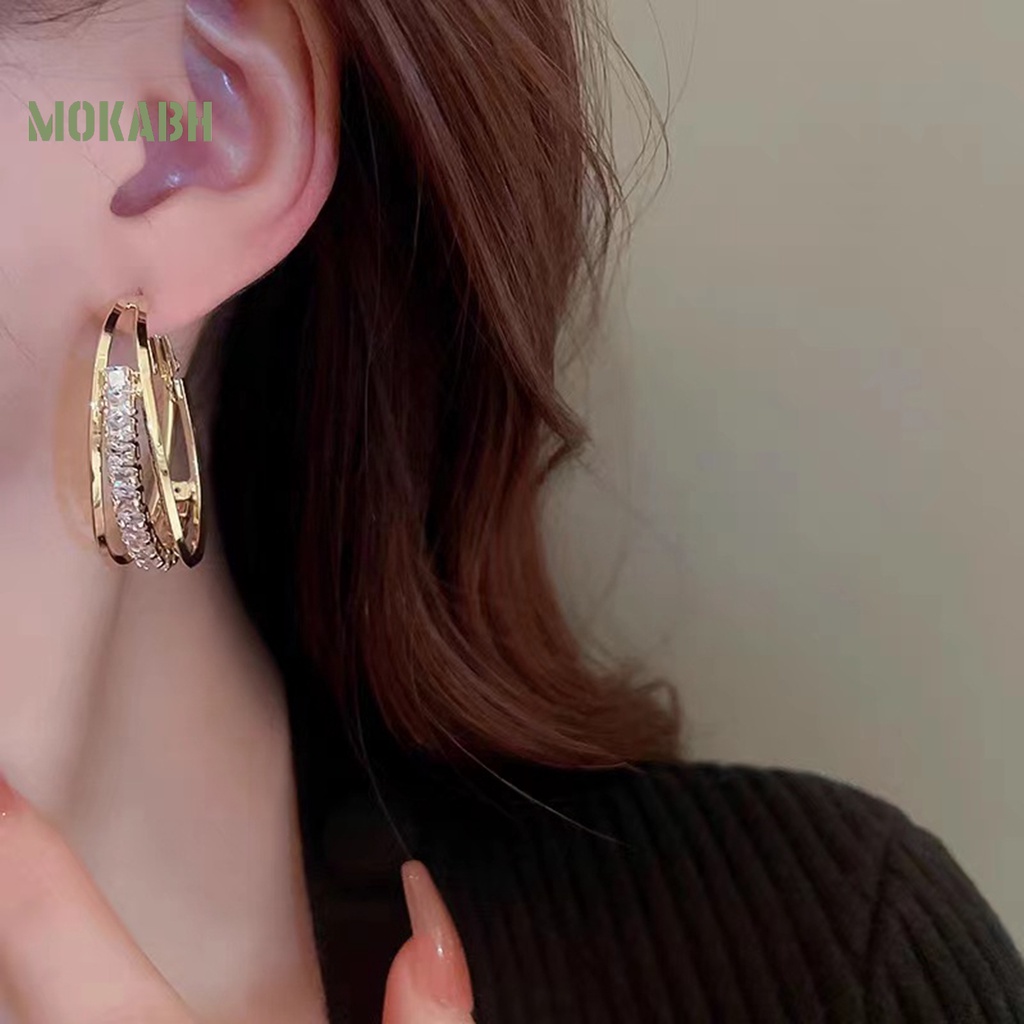 1 Đôi Bông Tai Tròn Hai Lớp Đính Đá Zircon Thời Trang