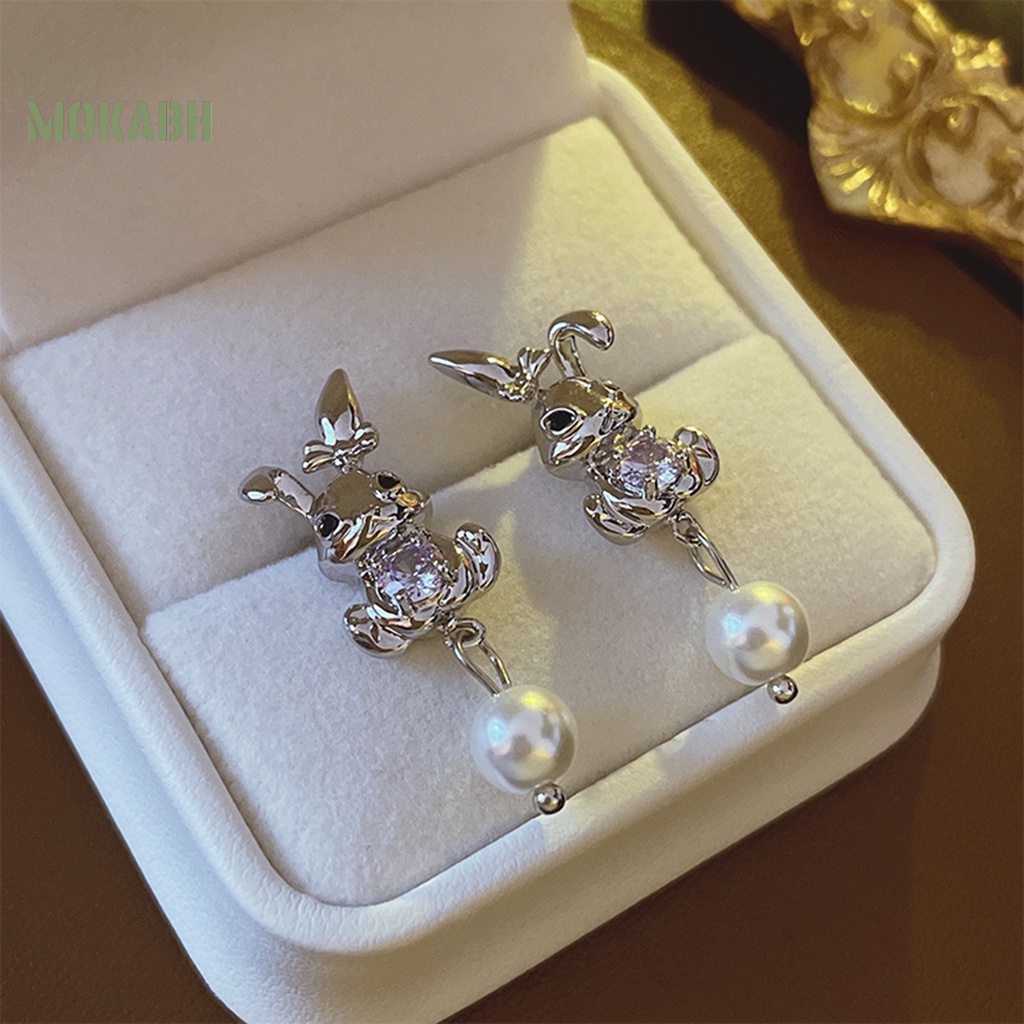 1 Đôi Bông Tai Hình Thỏ Đính Ngọc Trai Giả Bằng Kim Loại Không Gây Dị Ứng Thời Trang