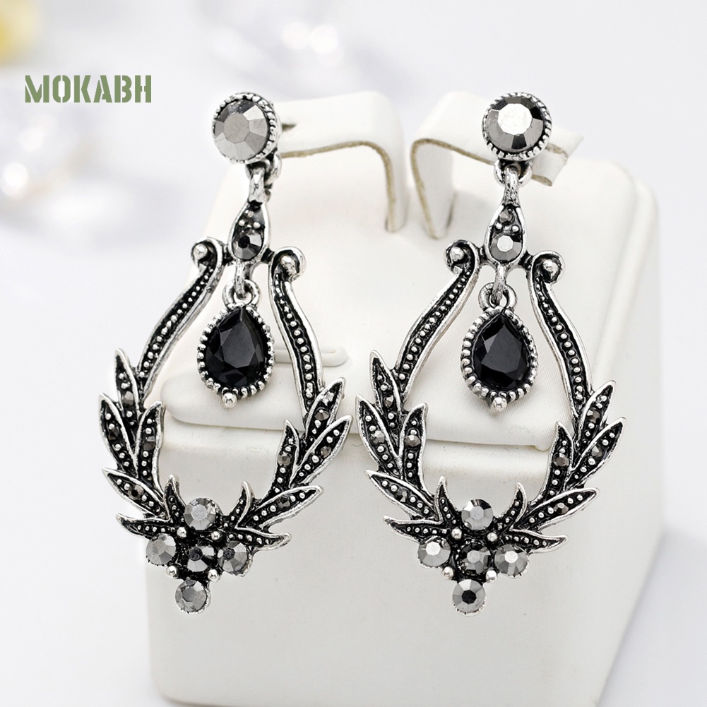 Bông Tai Hình Chiếc Lá Đính Đá Giả Màu Đen Phong Cách Cổ Điển Thời Trang Cho Nữ