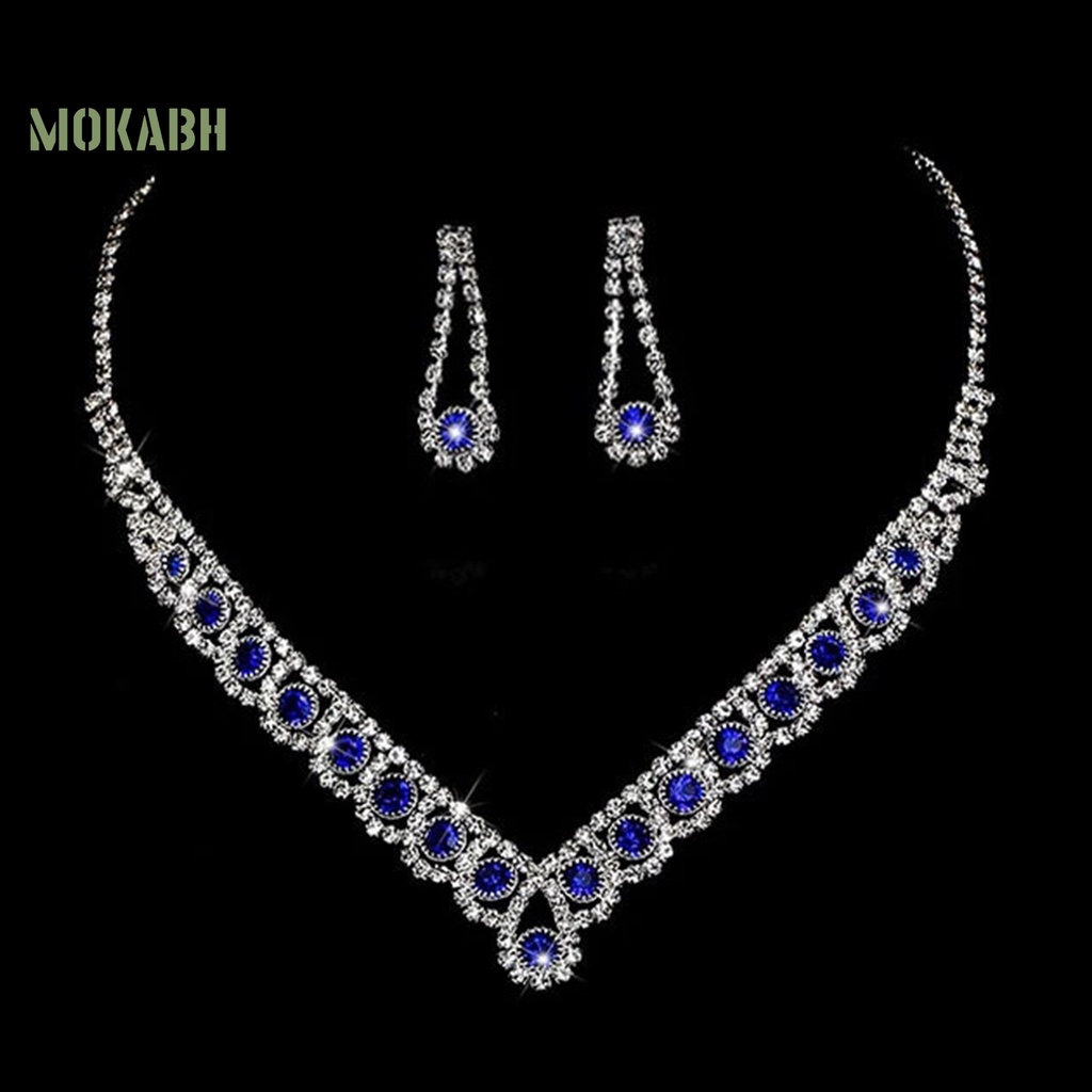 1 Bộ Vòng cổ + Bông Tai Đính Đá Hình Giọt Nước Màu Xanh Dương Sang Trọng