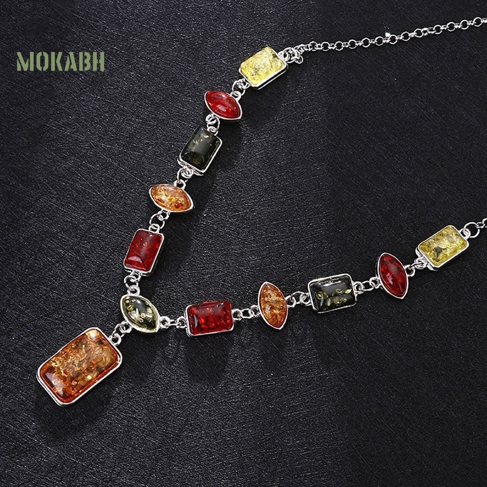 Bộ Vòng cổ + Bông Tai Đính Đá Hổ Phách Hình Vuông / Oval Phong Cách Châu Phi Thời Trang Cho Nữ