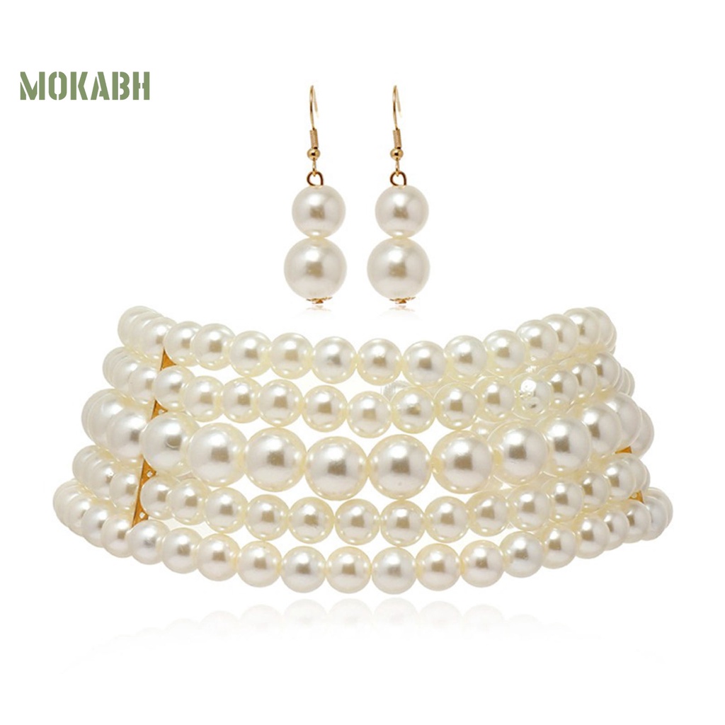 Bộ Vòng cổ + Bông Tai Nhiều Lớp Đính Hạt Ngọc Trai Giả Thời Trang Cho Nữ