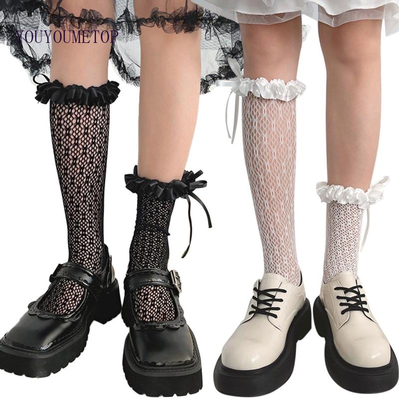 Vớ Lưới Cao Đến Đầu Gối Vải Satin Phối Nơ Ruy Băng Phong Cách Lolita Nhật Bản Ngọt Ngào Cho Nữ