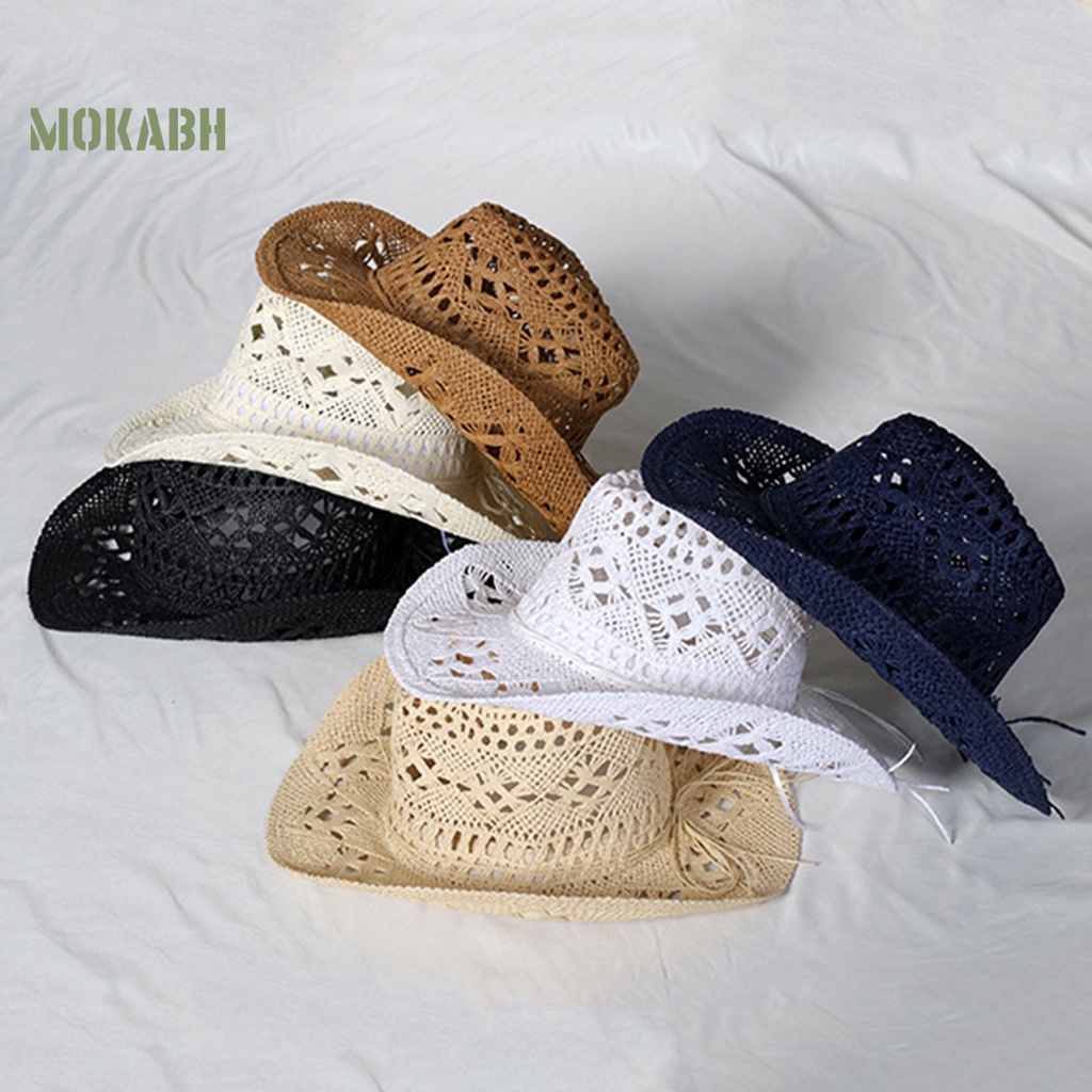 [Mok Abh] Mũ Rơm Cao Bồi Đi Biển Kiểu Cao Bồi Phương Tây Có Lỗ Thông Hơi Hình Tròn Có Thể Gậ