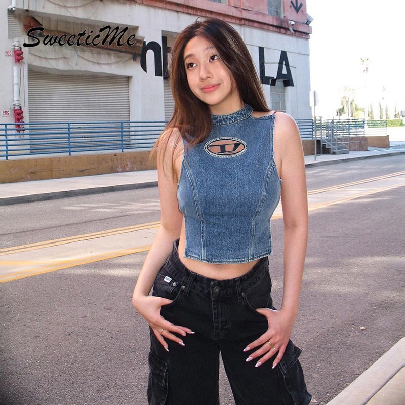 Áo Denim Hai Dây Cổ Tròn Hở Lưng Dáng Ôm Thời Trang 2023 Cho Bạn Gái