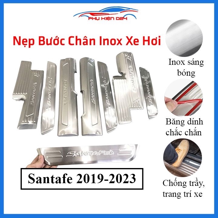 Bộ ốp bậc cửa trong ngoài nẹp bước chân Santafe 2019-2020-2021-2022-2023 Inox chống trầy trang trí xe