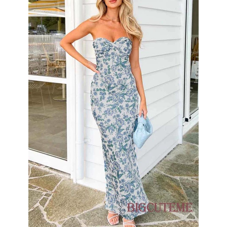 Đầm Dài Không Dây Hở Lưng Họa Tiết Hoa Thời Trang Mùa Hè Cho Nữ