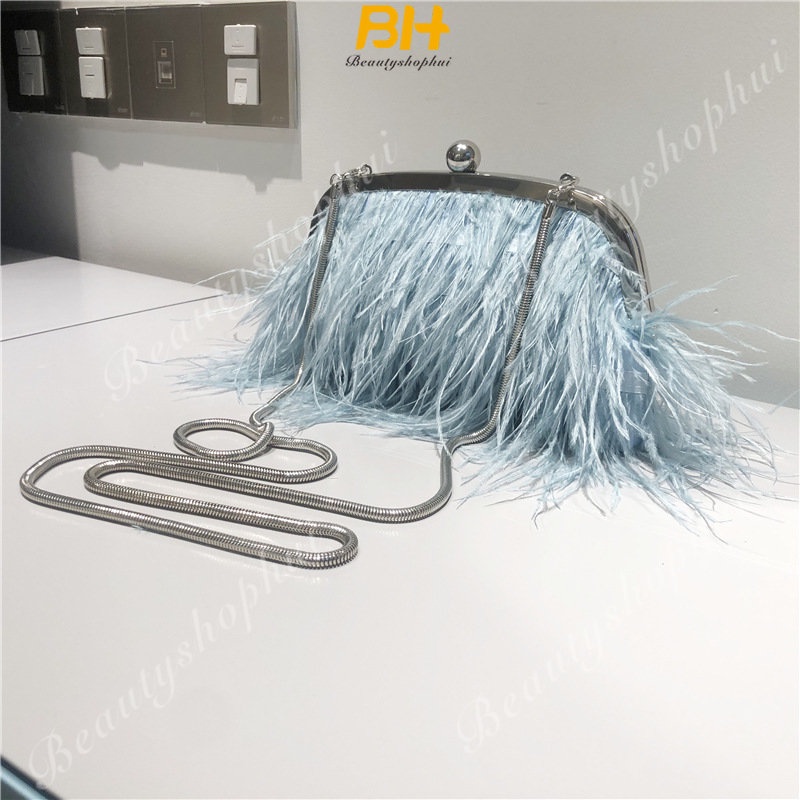 Túi Đeo Chéo Lông Đà Điểu Đính Ngọc Trai Thời Trang Cho Nữ