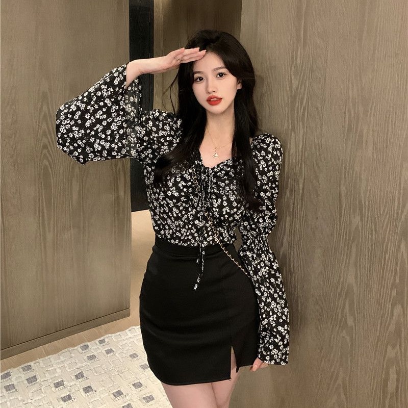 COZOK Áo Kiểu Tay Phồng Cổ Vuông Dáng Ôm In Hoa Thời Trang Quyến Rũ Cho Nữ