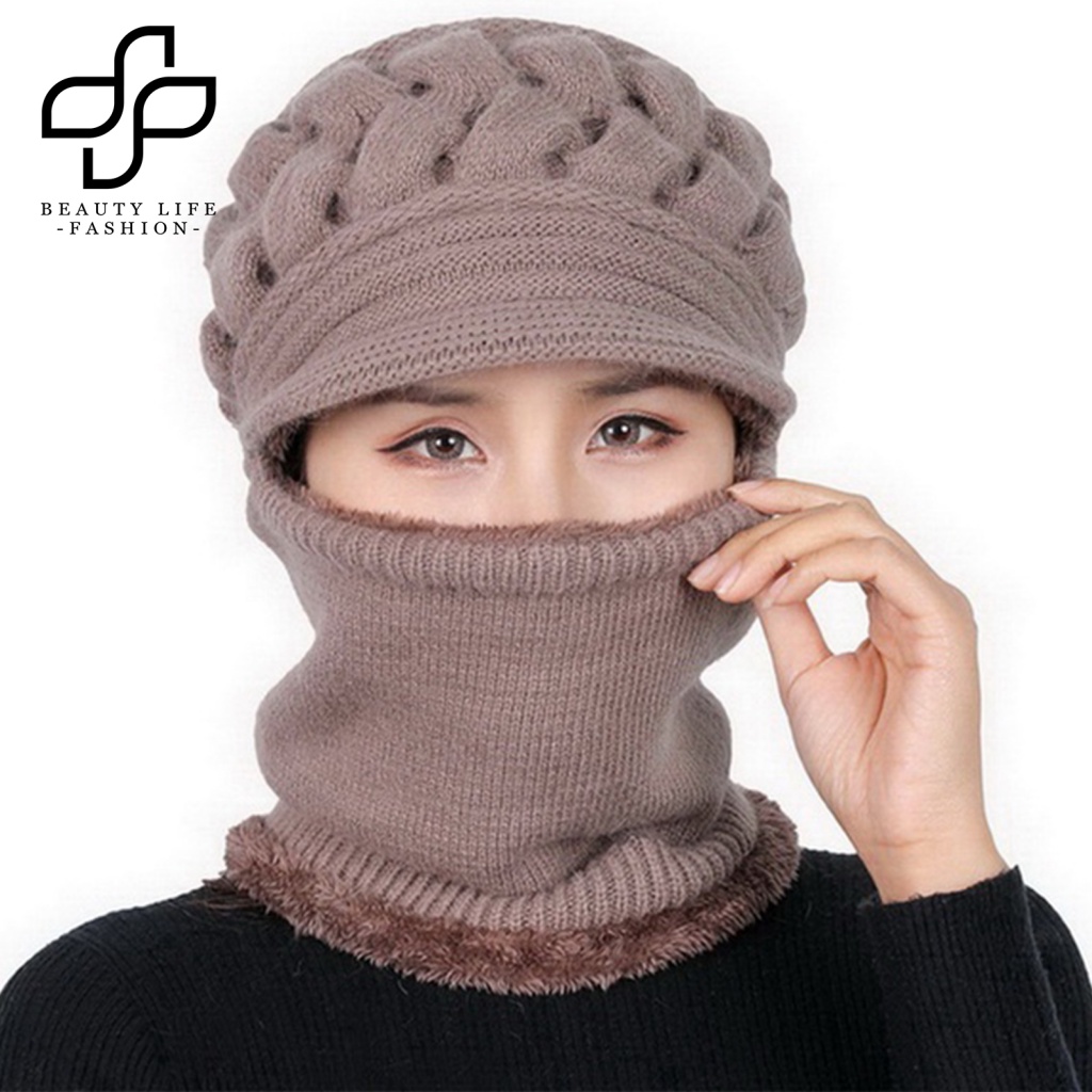 Mũ Trùm Đầu Bằng Vải Dệt Kim Phối Nhung Dày Dặn Co Giãn Chống Gió Chống Lạnh Thời Trang Cho Nữ