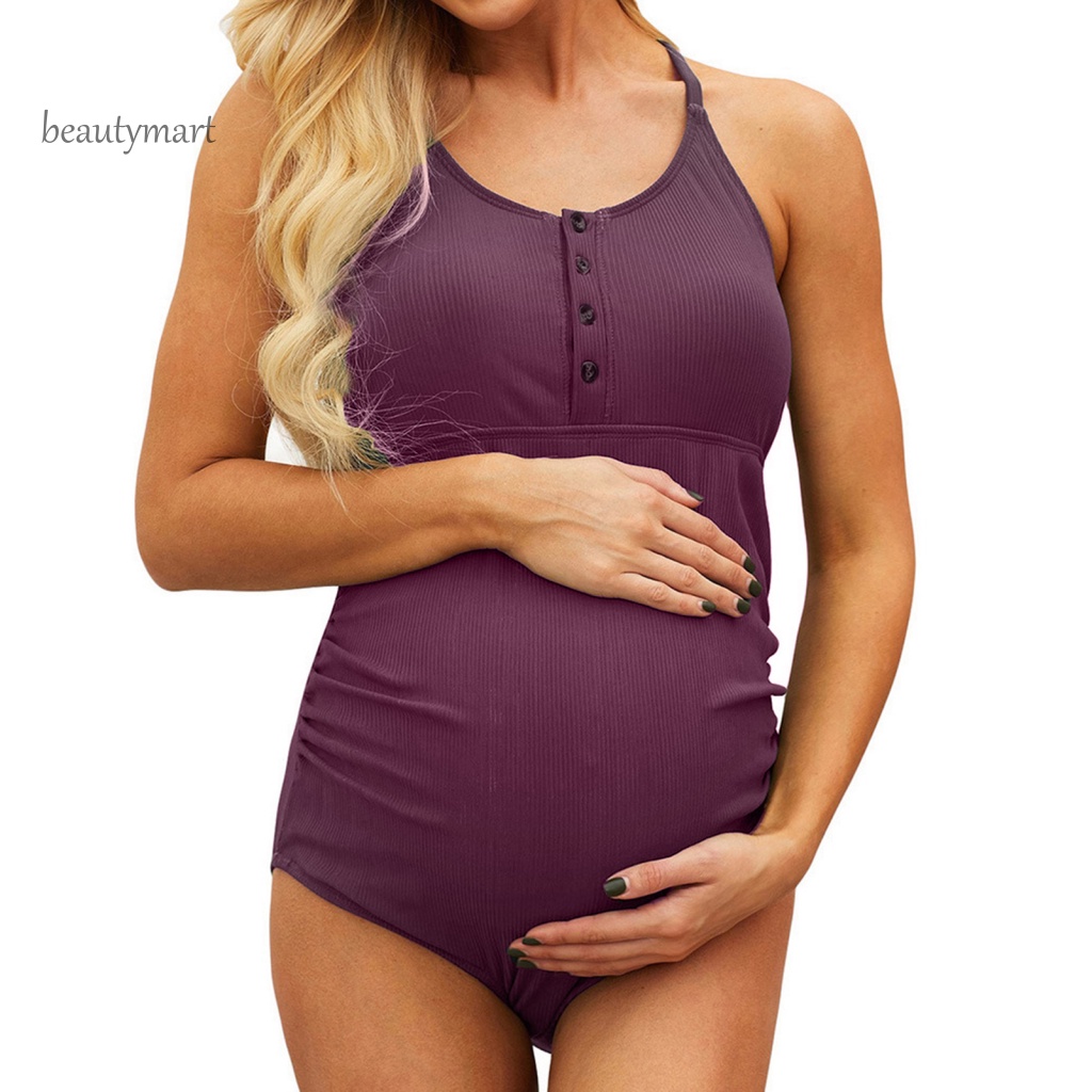 [beautymart] Bộ Đồ Bơi Màu Trơn Co Giãn Hở Lưng Ôm Dáng Cho Phụ Nữ Mang Thai