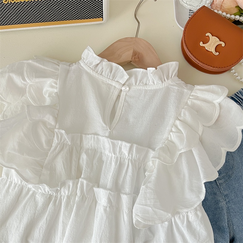 Áo Ren Cổ Tròn Tay Loe Màu Trơn Thời Trang Mùa Hè Xinh Xắn Cho Bé Gái