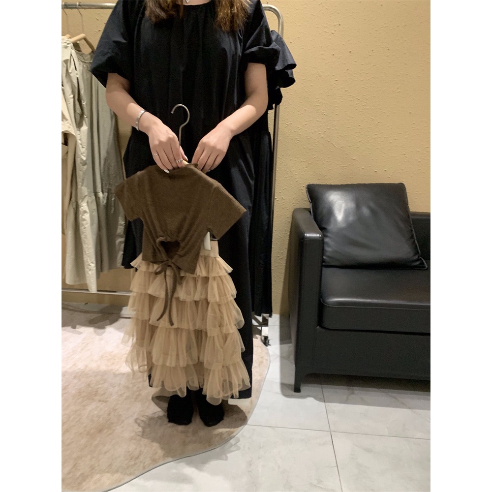 Bộ Áo Thun Hở Lưng Phối Chân Váy Lưới Tầng Phong Cách Hàn Quốc Thời Trang Mùa Hè 2023 Cho Bé Gái