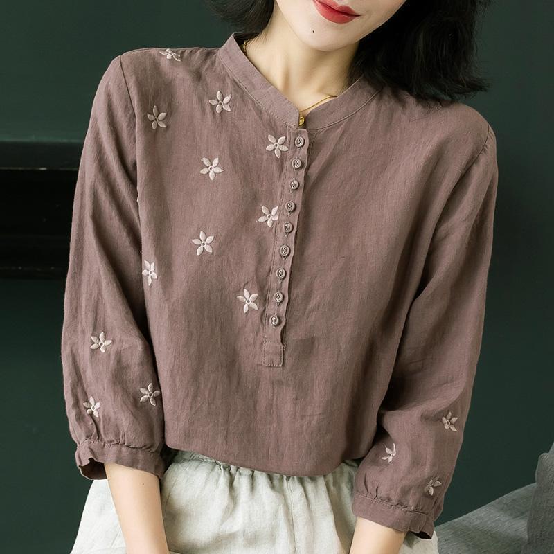 Áo Sơ Mi Vải Lanh cotton Ba Lỗ Thêu Hoa Màu Trơn Dáng Rộng Thời Trang Xuân Hè Cho Nữ