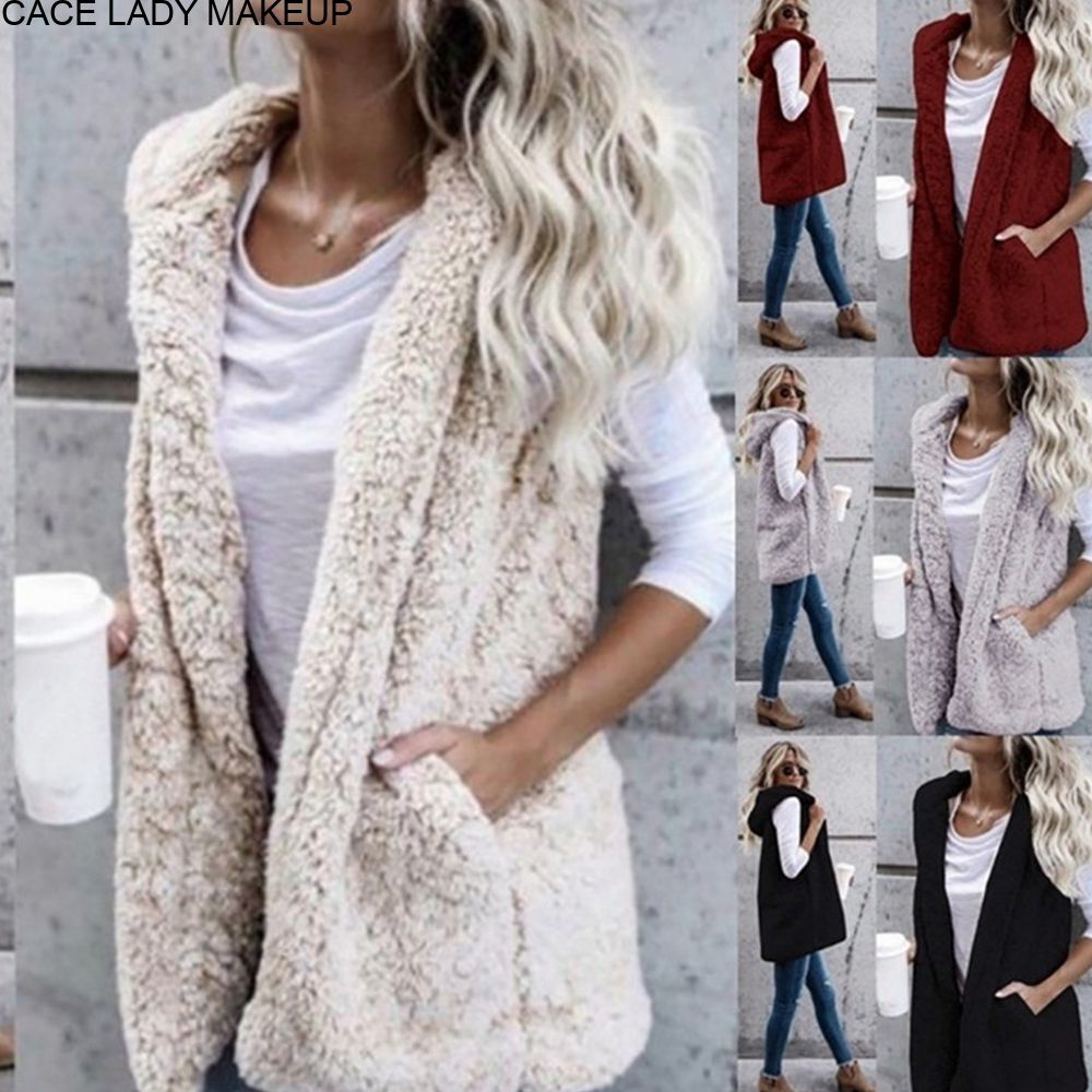 Áo Khoác Lông Cừu Sát Nách Màu Trơn Có Túi Hai Mặt Thời Trang Thu Đông 2023 Cho Nữ Size S-3XL