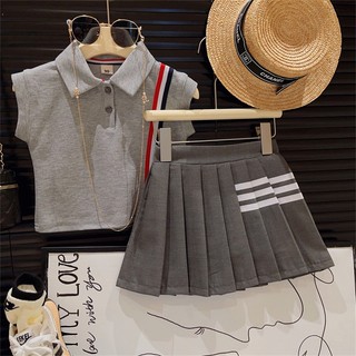 Bộ Áo Thun Tay Ngắn + Chân Váy Xếp Ly Phong Cách Preppy Anh Quốc Dễ Thương Thời Trang Mùa Hè Cho Bé Gái