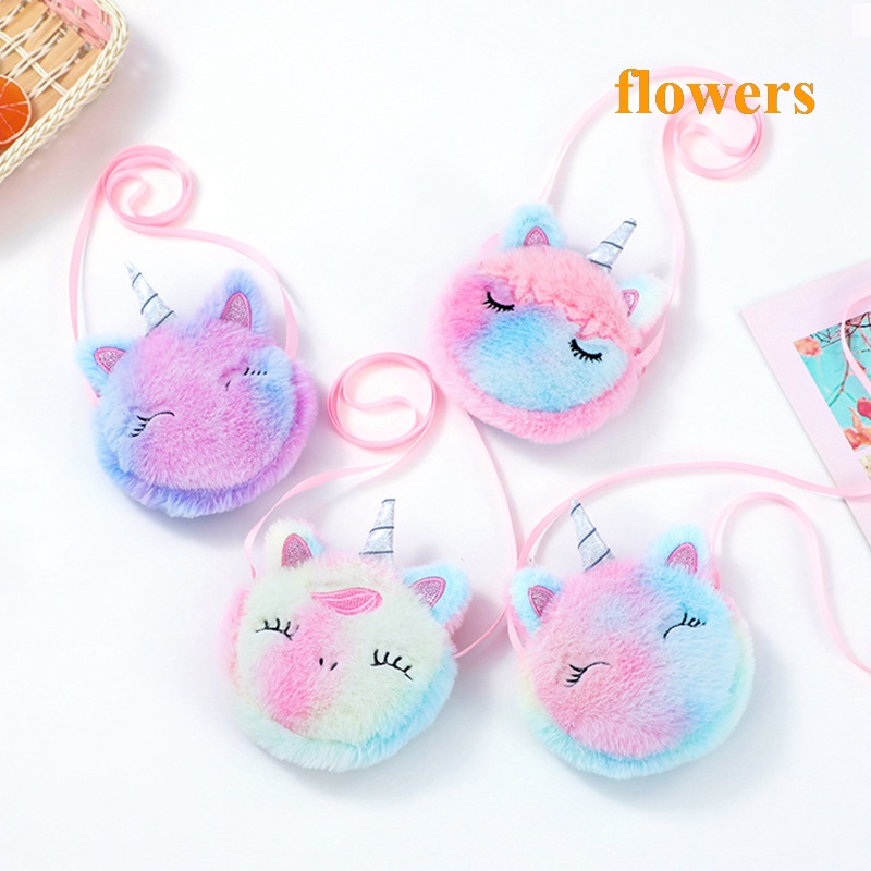 Túi Xách Đeo Vai Hình Tròn Phủ Bông Hình Kỳ Lân Hoạt Hình Đáng Yêu Dành Cho Bé Gái