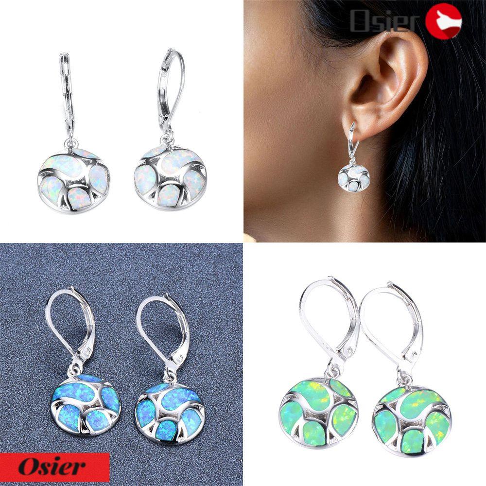 Bông Tai Dạng Vòng Mặt Tròn Đính Đá Opal Lửa Nhân Tạo 1 Cái Cho Nữ