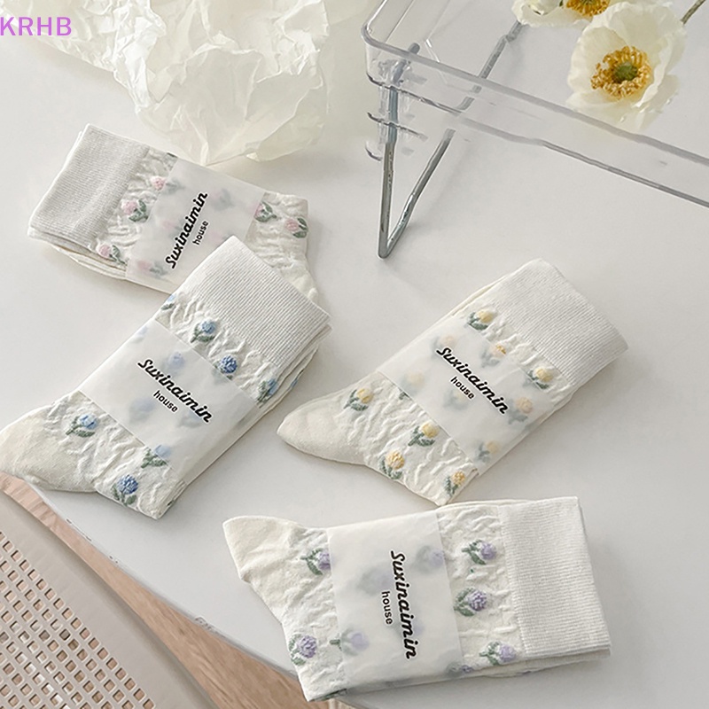 1 Đôi Tất Cotton Trắng In Hình Hoa Tulip Phong Cách Harajuku Nhật Bản Đáng Yêu Cho Nữ Mới