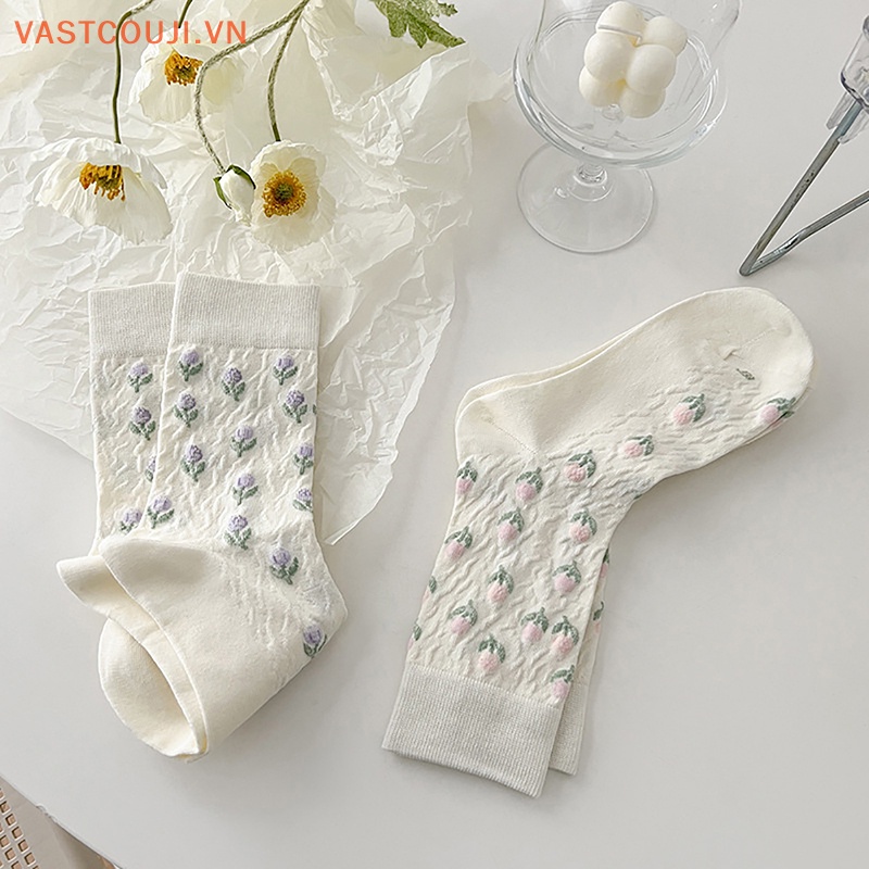 1 Đôi Tất Cotton Trắng In Hình Hoa Tulip Phong Cách Harajuku Nhật Bản Đáng Yêu Cho Nữ
