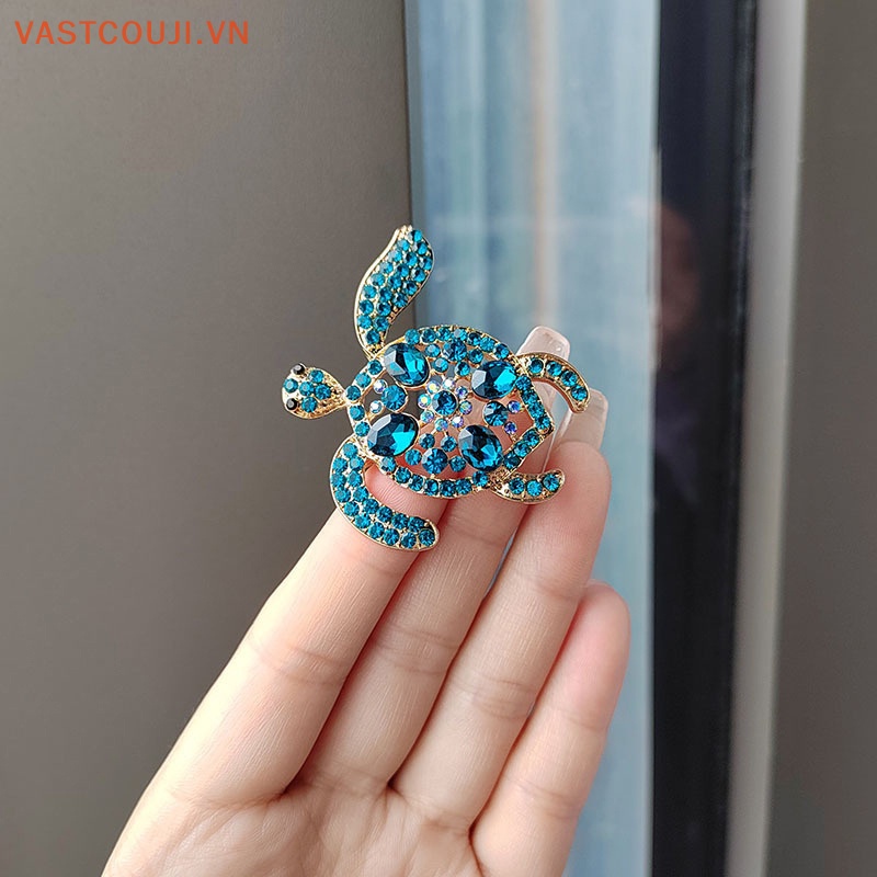 Ghim Cài Áo Hình Rùa Biển Đính Đá Pha Lê Xanh Dương Phong Cách Vintage Cho Nữ