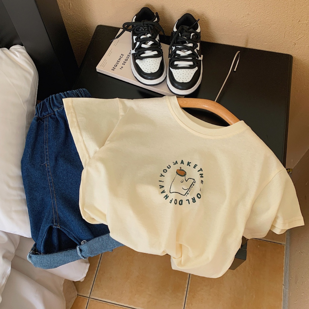 MNGRL Áo Thun Cotton Mỏng Tay Ngắn Màu Trơn Phong Cách Hàn Quốc Thời Trang Mùa Hè Cho Bé Gái Bé Trai