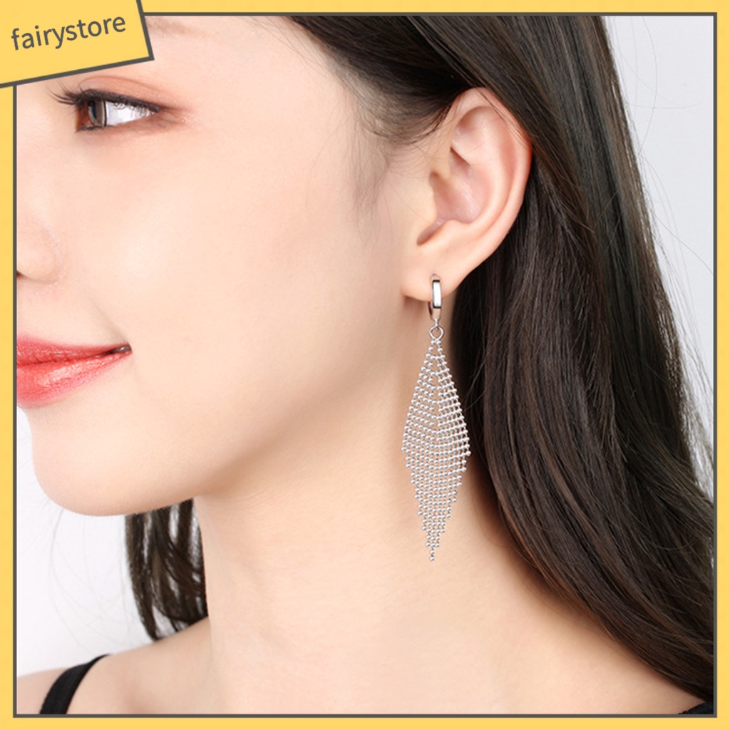 1 Đôi Bông Tai Dáng Dài Mạ Điện Đính Hạt Hình Thoi Thời Trang