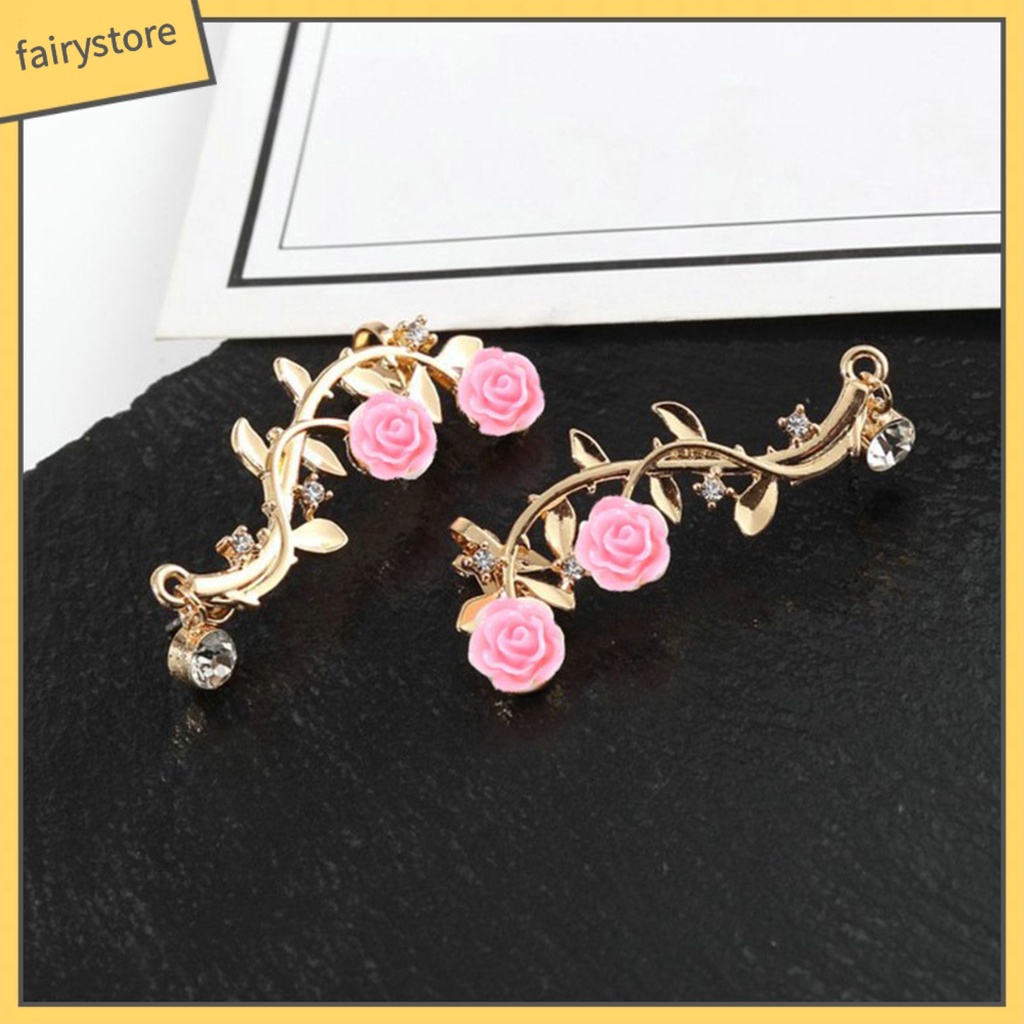 1 Đôi Khuyên Kẹp Vành Tai Hình Hoa Hồng Đính Đá Lấp Lánh