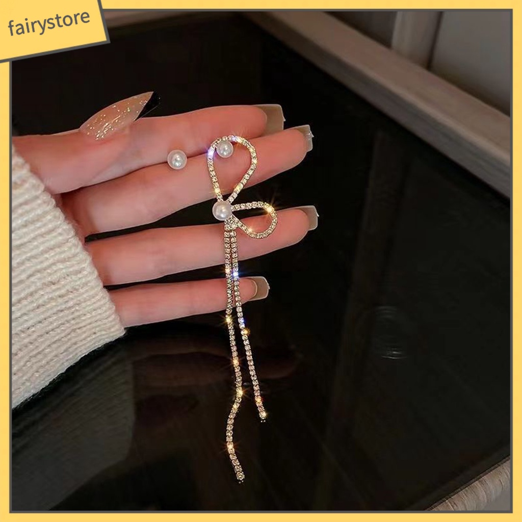 1 Đôi Bông Tai Tua Rua Dài Đính Đá &amp; Ngọc Trai Giả