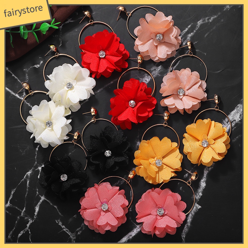 Bông Tai Dáng Dài Hình Tròn Đính Đá Hình Hoa Thời Trang Cho Nữ