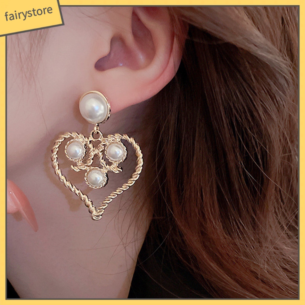 1 Đôi Bông Tai Hình Trái Tim Đính Ngọc Trai Giả Phong Cách Cung Điện