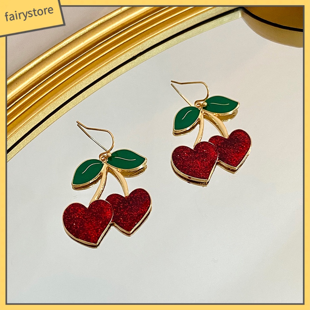 1 Đôi Bông Tai Móc Hình Trái Cây Màu Xanh Lá / Đỏ / Cherry Dễ Thương Dành Cho Nữ