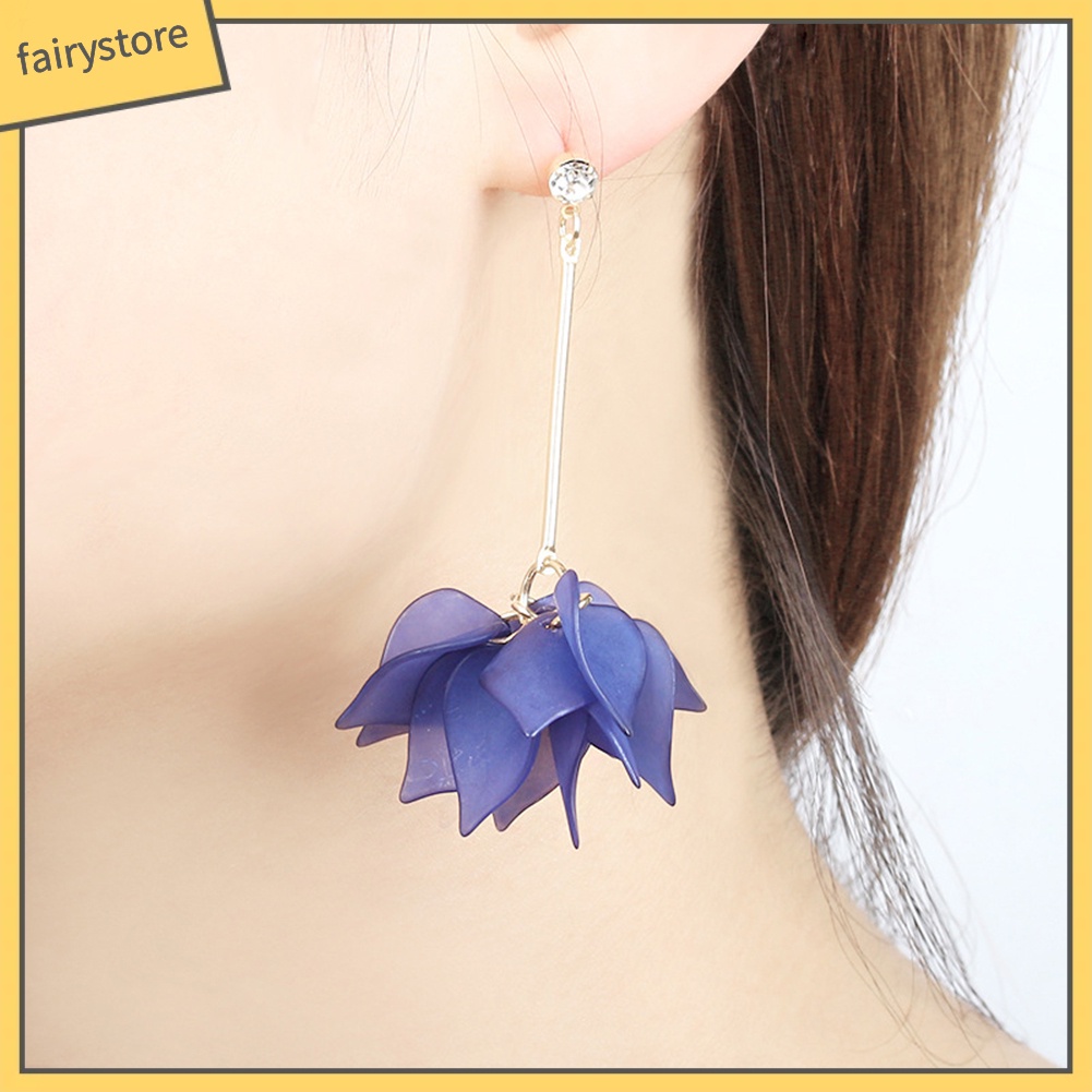 Bông Tai Dài Hình Cánh Hoa Đính Đá Phối Tua Rua Thời Trang Cho Nữ