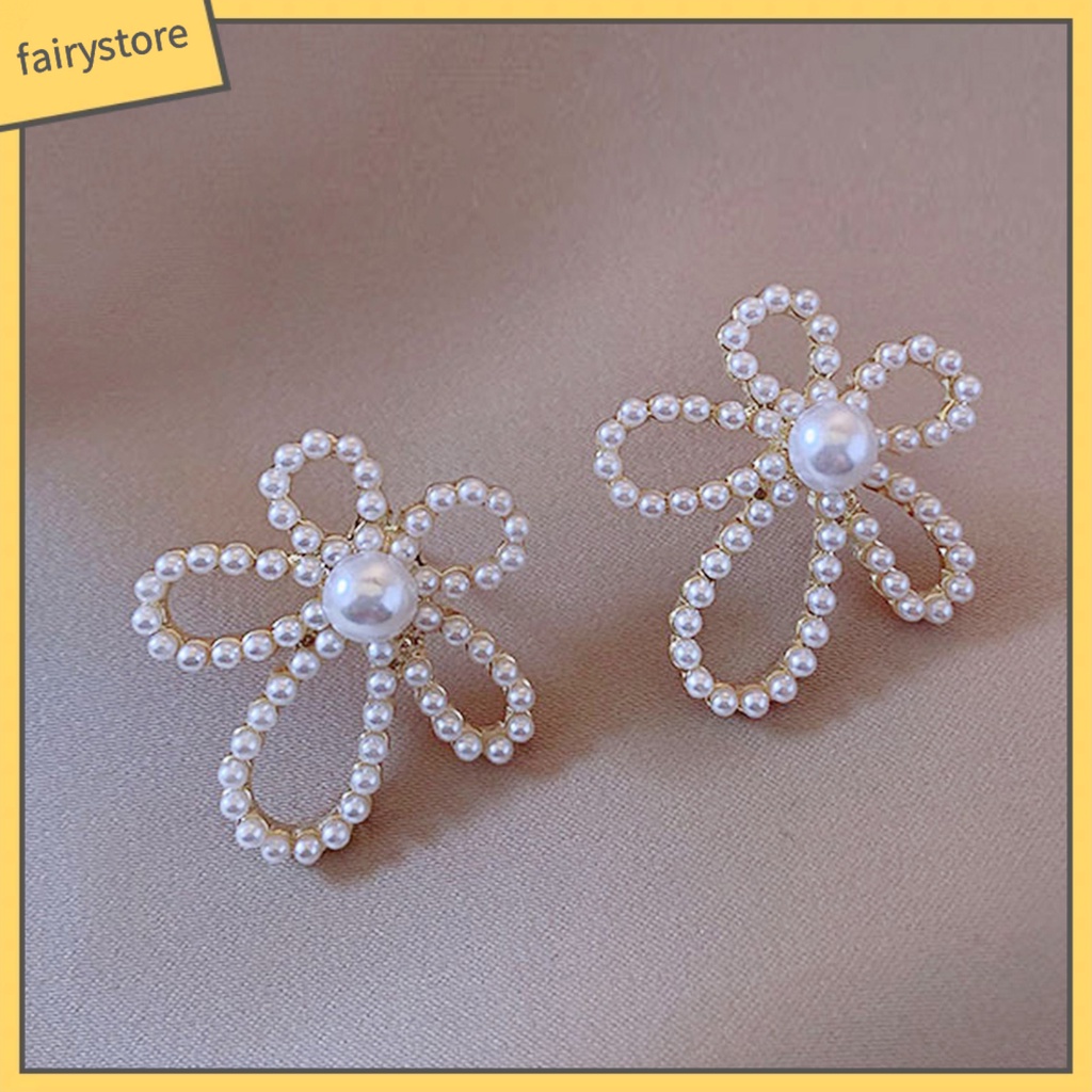 1 Đôi Bông Tai Hình Hoa Đính Ngọc Trai Giả Phong Cách Vintage