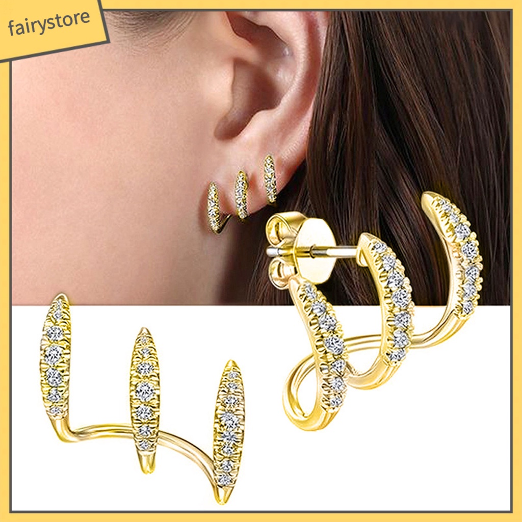 1 Đôi Bông Tai Ba Lớp Đính Đá Thời Trang