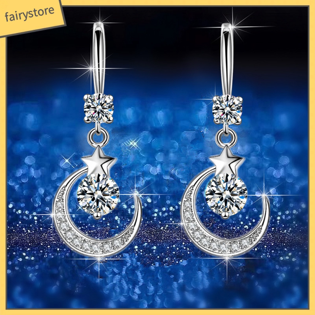 1 Đôi Bông Tai Hình Mặt Trăng Ngôi Sao Đính Đá Trang Nhã Dành Cho Nữ