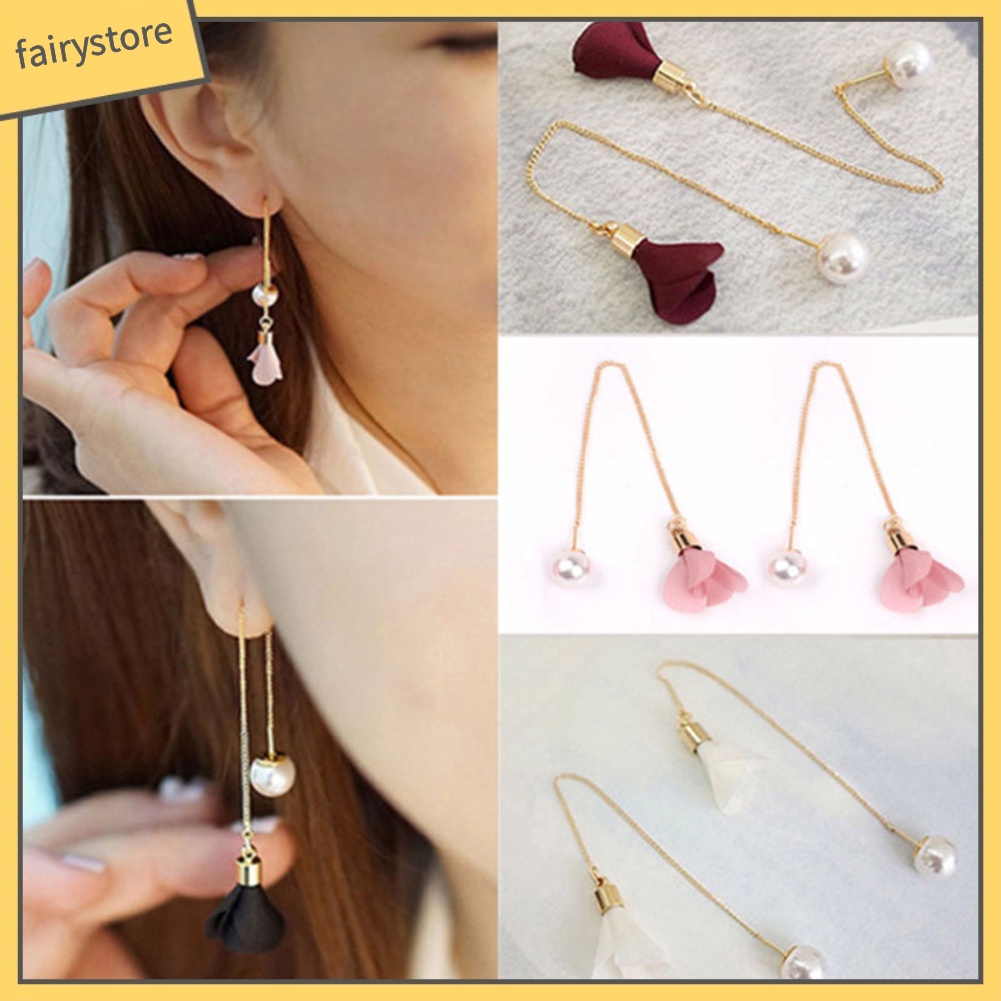 Khuyên Tai Chuỗi Dài Đính Hoa Ngọc Trai Nhân Tạo Thời Trang Cho Nữ