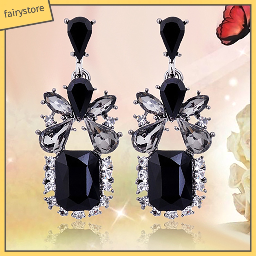 Bông Tai Hình Khối Vuông / Giọt Nước Đính Đá Zircon Màu Đen Phong Cách Vintage Dành Cho Nữ