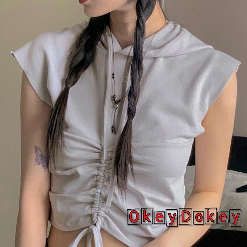 Áo Crop Top Tay Ngắn Màu Trơn Có Mũ Trùm Dây Rút Cá Tính Cho Nữ