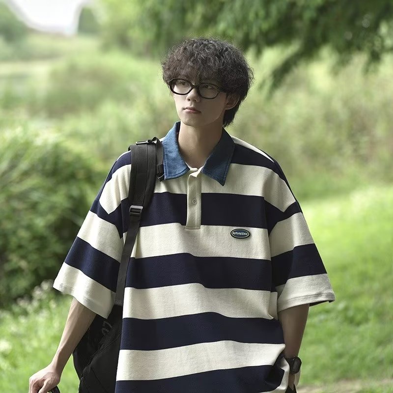 Áo Thun polo Tay Ngắn Dáng Rộng Họa Tiết Kẻ Sọc Thời Trang Mùa Hè Phong Cách Nhật Bản Cho Nam 23