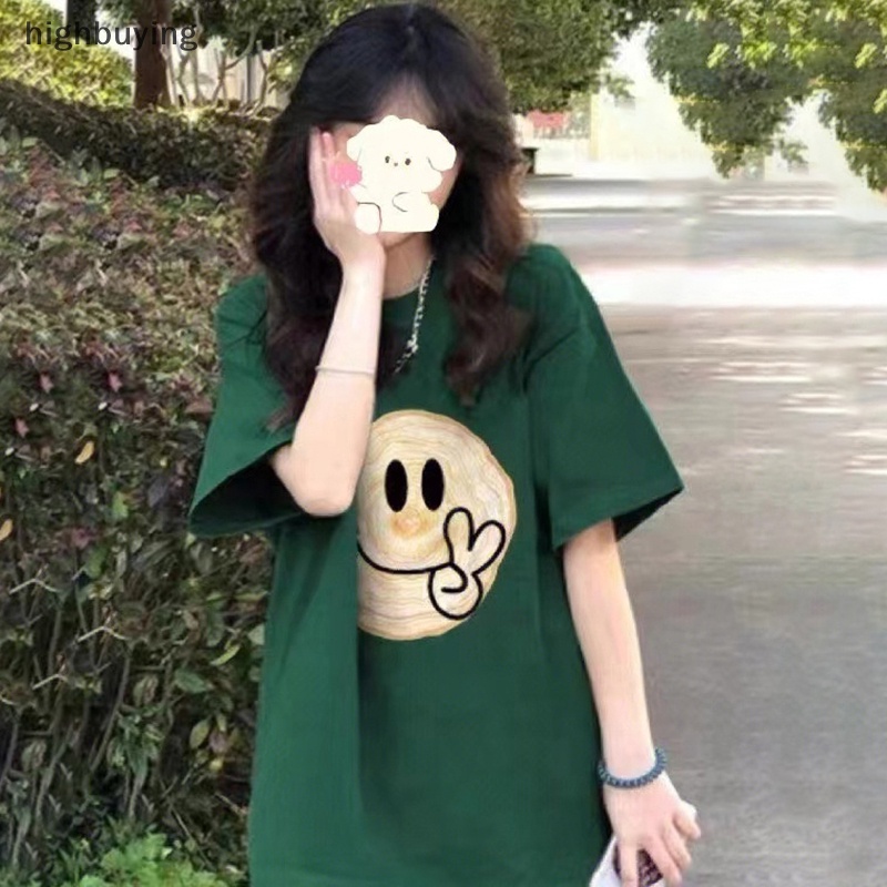 Áo Thun Tay Ngắn Cổ Tròn In Hình Mặt Cười Phong Cách Retro Cho Nữ