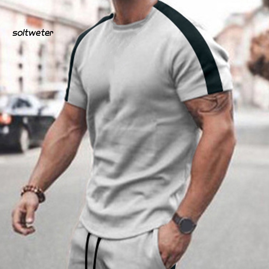 Bộ Đồ Thể Thao 2 Món Áo Thun Cổ Tròn Phối Quần Short Lưng Thun Màu Sắc Tương Phản Thời Trang Mùa Hè Cho Nam