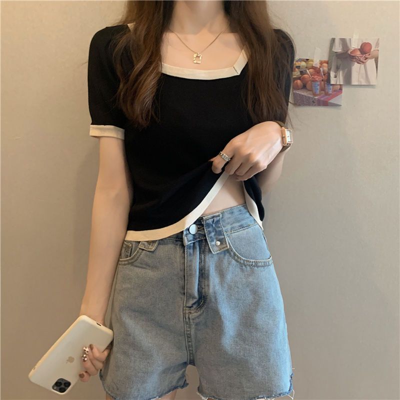Áo Thun Tay Ngắn Cổ Vuông Màu Tương Phản Phong Cách Hàn Quốc Thời Trang Cho Nữ