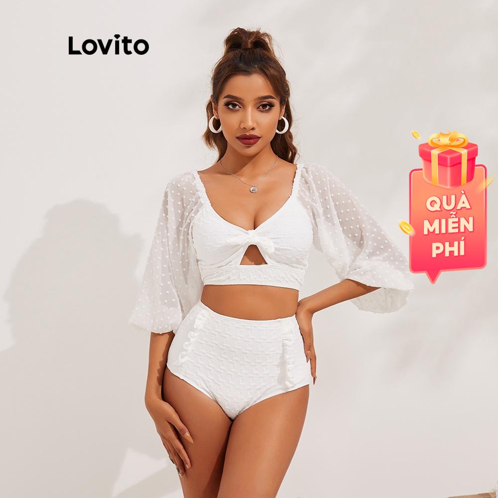 Bikini Lovito màu trơn dáng ôm khoét rỗng đính nơ phong cách Boho L13X118 (Màu trắng)