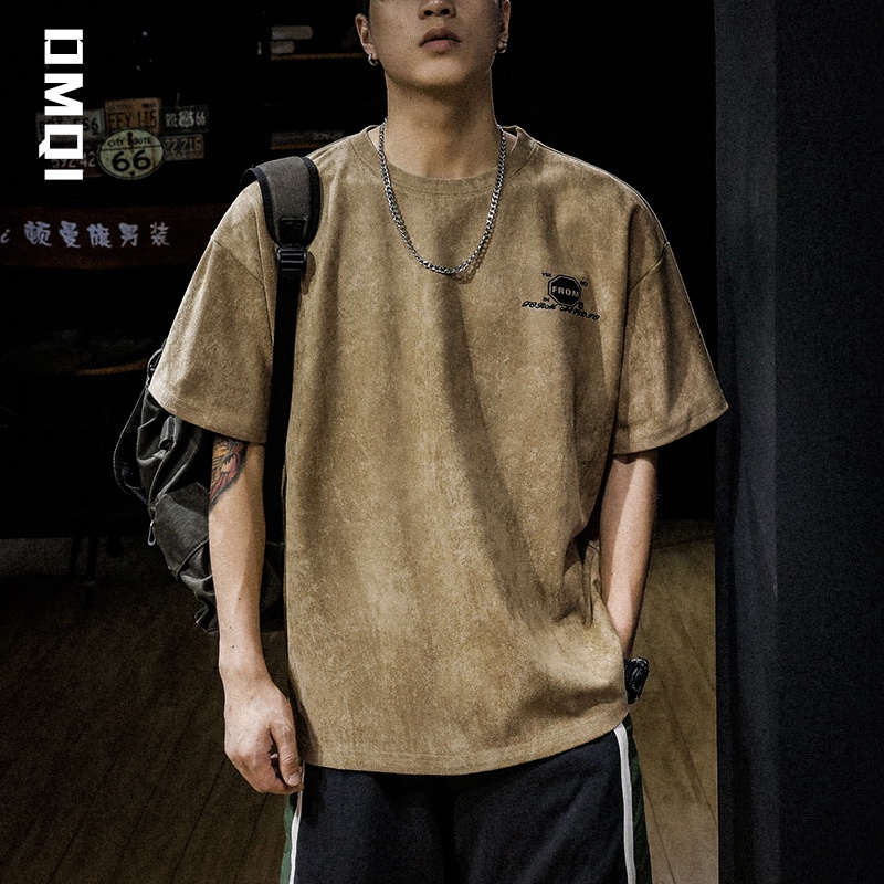 Áo Thun Da Lộn Tay Lỡ Dáng Rộng Phong Cách Retro Mỹ Thời Trang Cho Nam Giới 250g