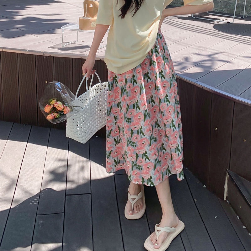 Chân Váy Chữ A Lưng Cao Dáng Ôm In Họa Tiết Hoa Thời Trang Xinh Xắn Cho Nữ