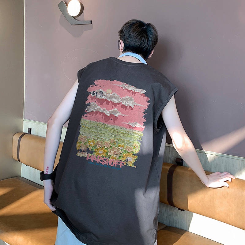 Áo thun nam màu hồng 100% cotton không tay form rộng in tranh sơn dầu mùa hè hFtt