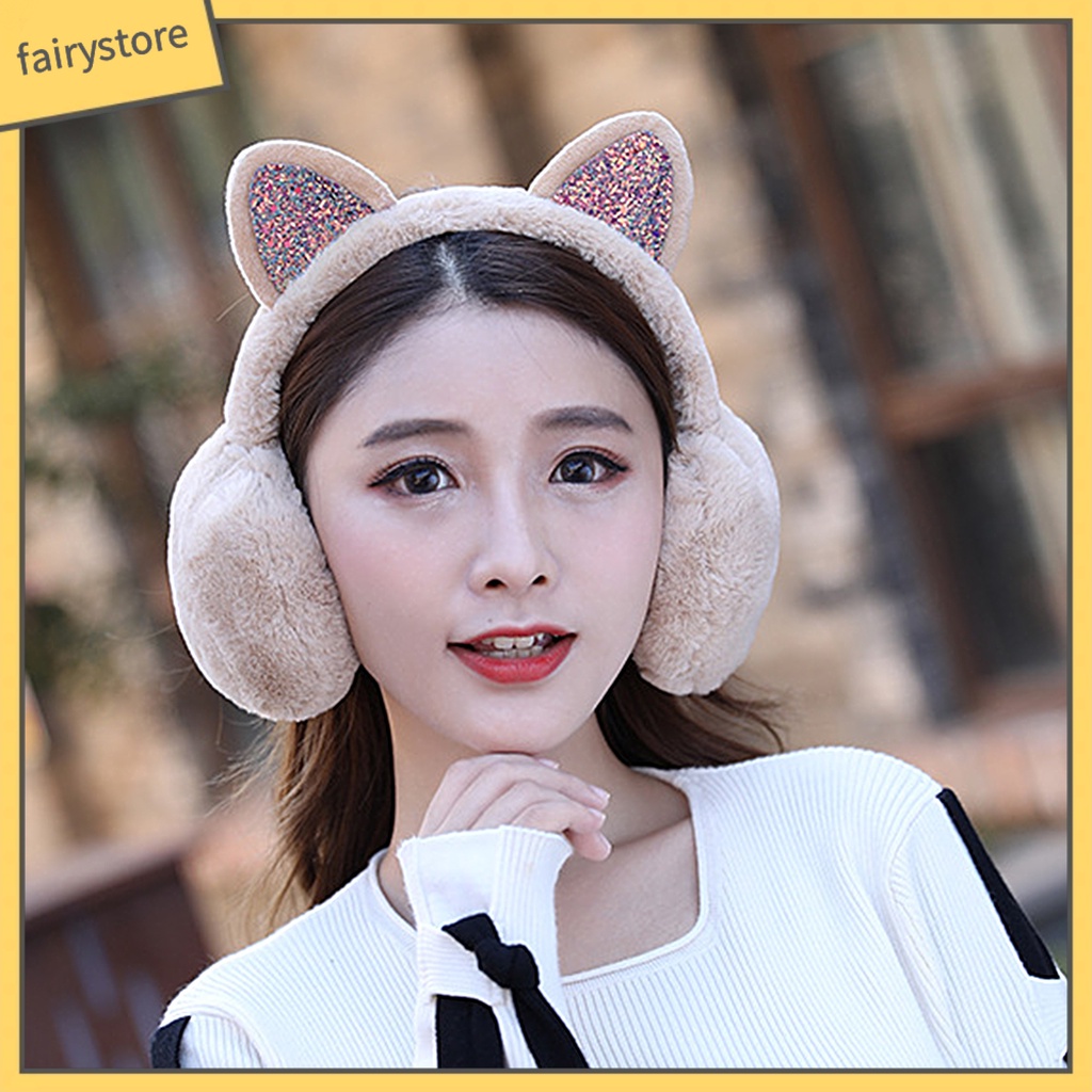 Chụp Tai Giữ Ấm Mùa Đông Hình Tai Mèo Lấp Lánh Cho Nữ