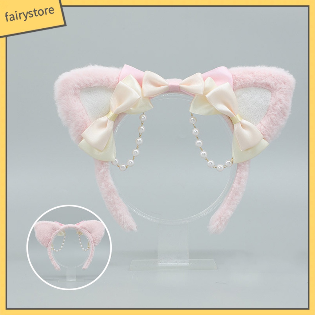 Băng Đô Nơ Tai Mèo Bông Đính Ngọc Trai Nhân Tạo Hóa Trang Lolita